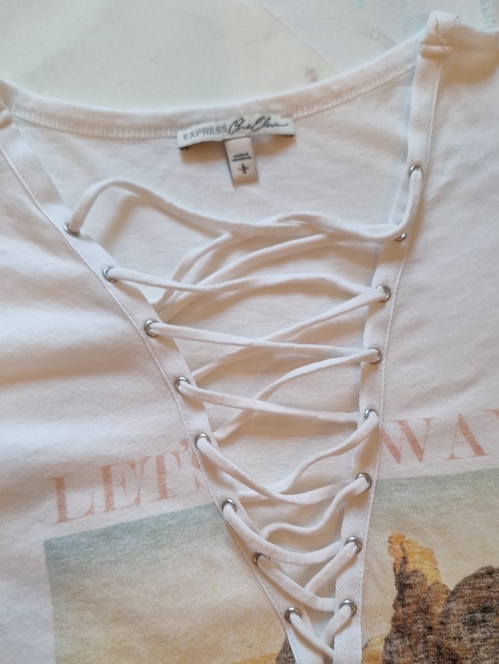 Express Cream Lace-Up Graphic Tee with Western styling Pastel Print